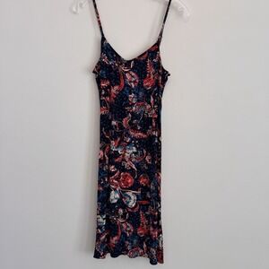 Express Floral Slip Dress Small Navy Red Boho Midi Spaghetti Strap Rayon Women's
